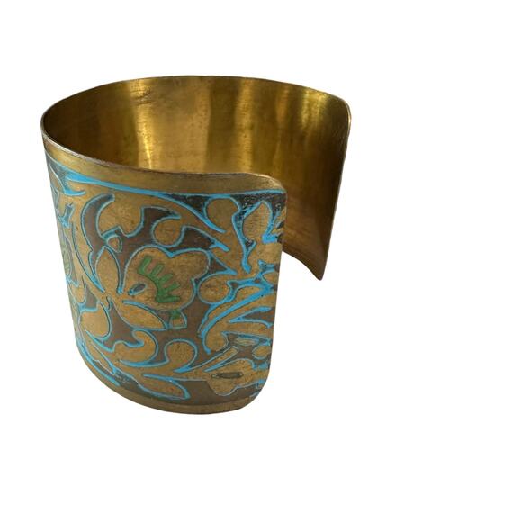 Artisan Gold Tone Floral Engraved Cuff Bracelet Boho Blue Green - Picture 4 of 5